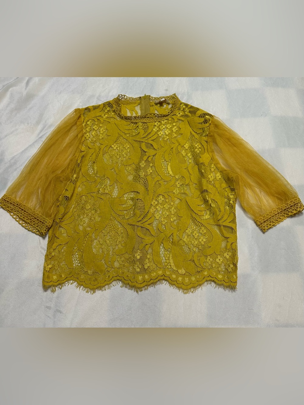 Peach Brand Lace/Mesh Top Cropped Half Sleeve Yellow Back Zip Size L NWT